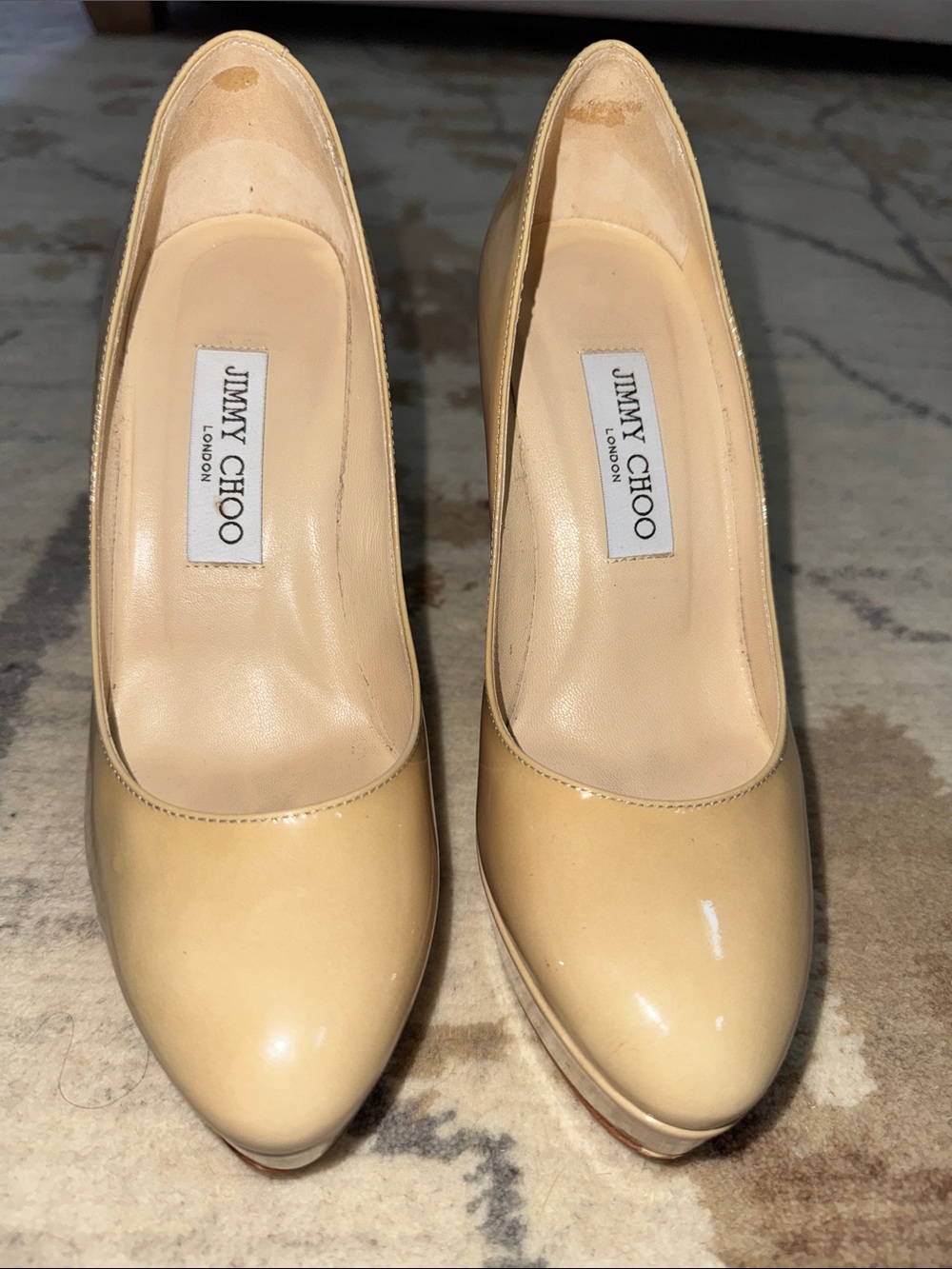 Jimmy Choo Cream Patent Leather Round-Toe Pumps